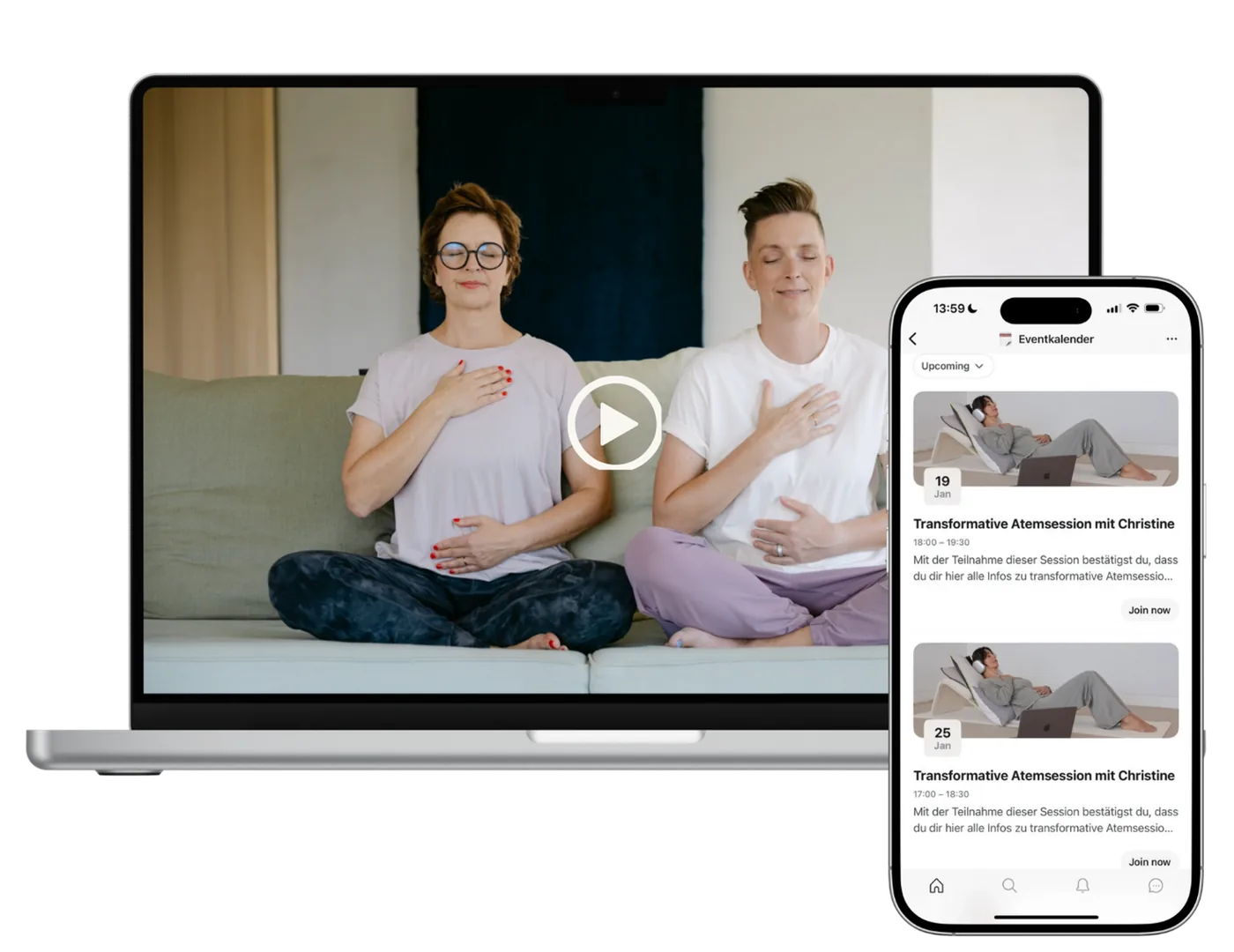 Das INTESOMA Online Studio auf Laptop und Smartphone: eine angeleitete Atemsession und der Eventkalender.