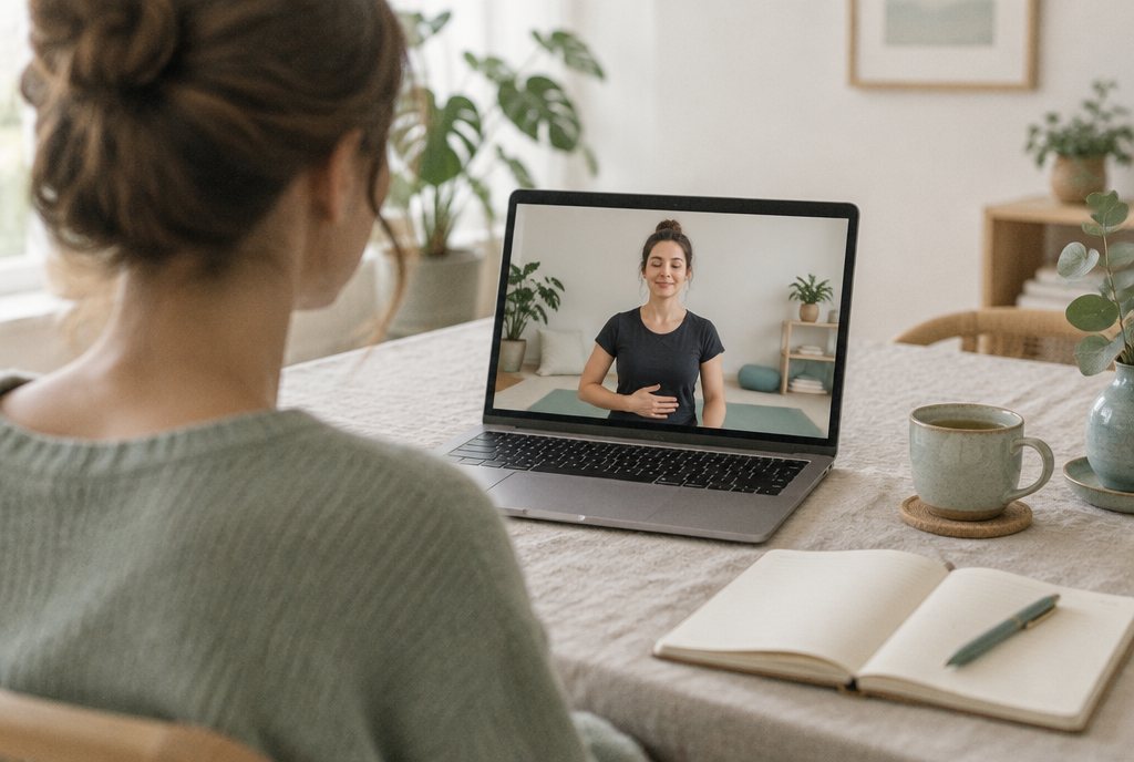 Eine Frau sitzt am Tisch in einer Online-Session; auf dem Laptop zeigt ein Atem-Coach eine ruhige Bauchatmung.